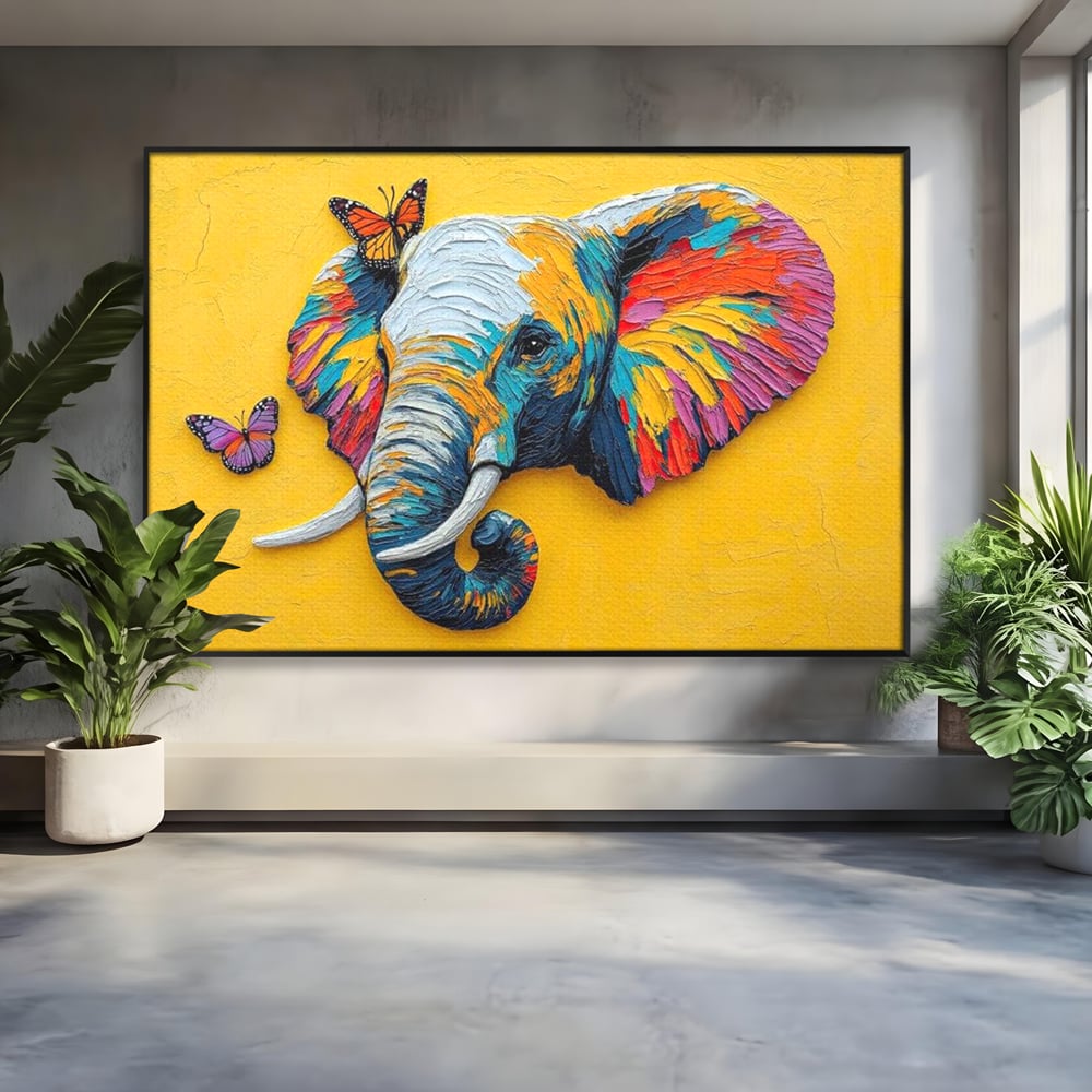 Tablou canvas cu tablou canvas cu elefant colorat si fluturi, in rama de aluminiu negru